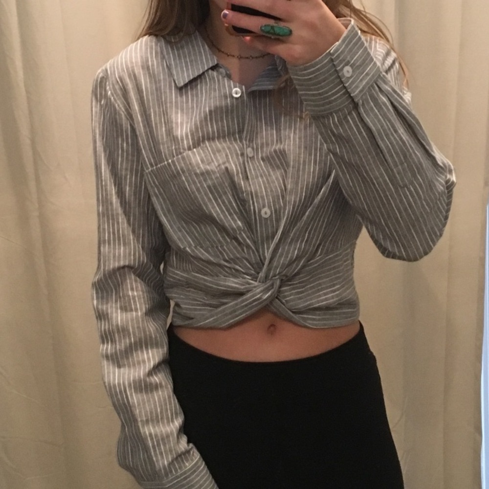 Gray and white striped Button up crop top small